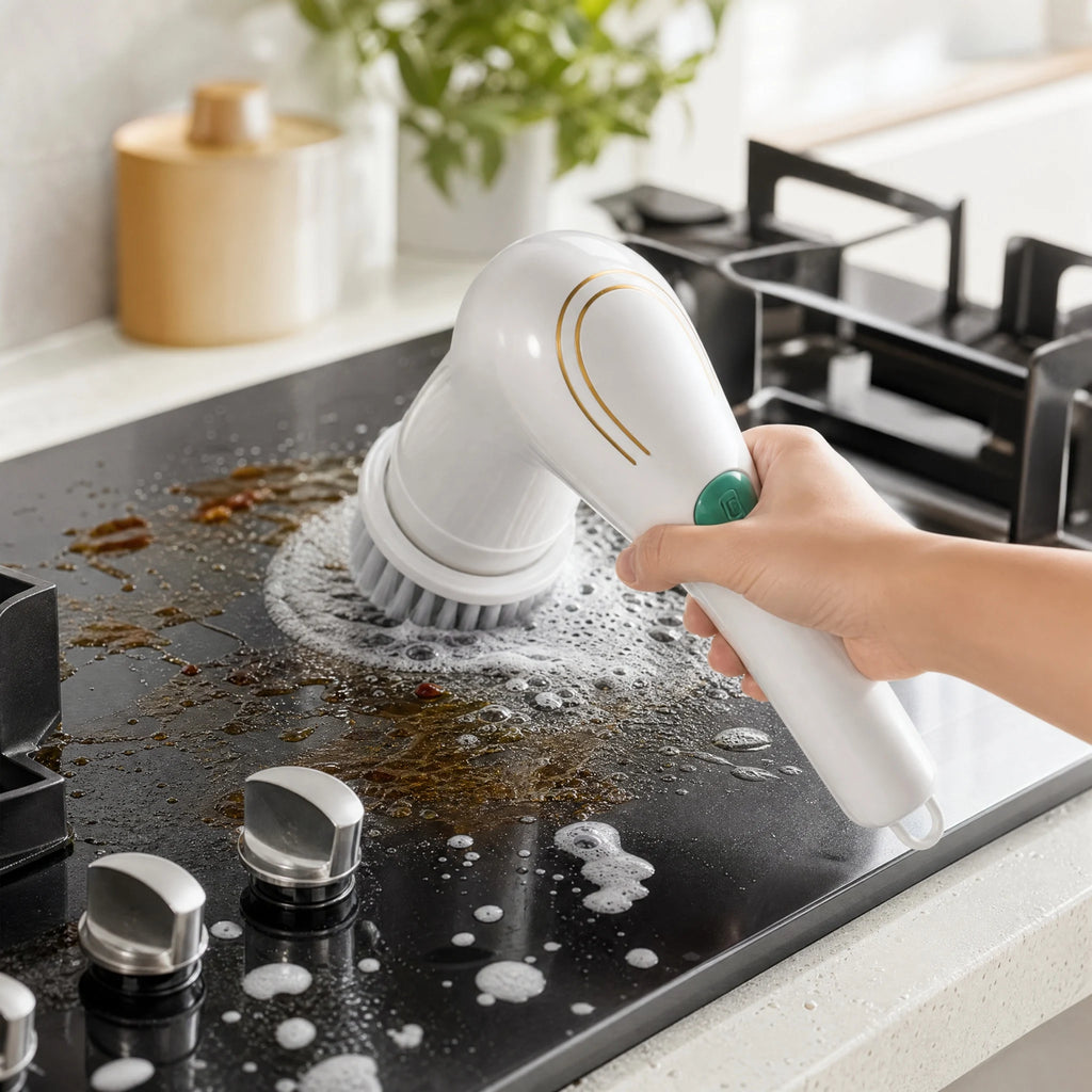 Automatic Cleaning Brush – Sponge Material, Powerful Stain Removal, Multiple Brush Heads, Handle