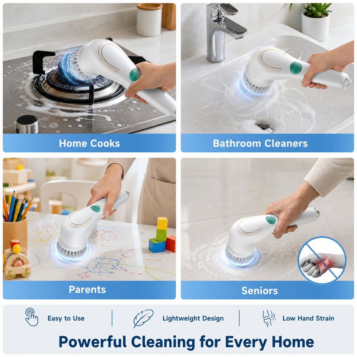 Automatic Cleaning Brush – Sponge Material, Powerful Stain Removal, Multiple Brush Heads, Handle