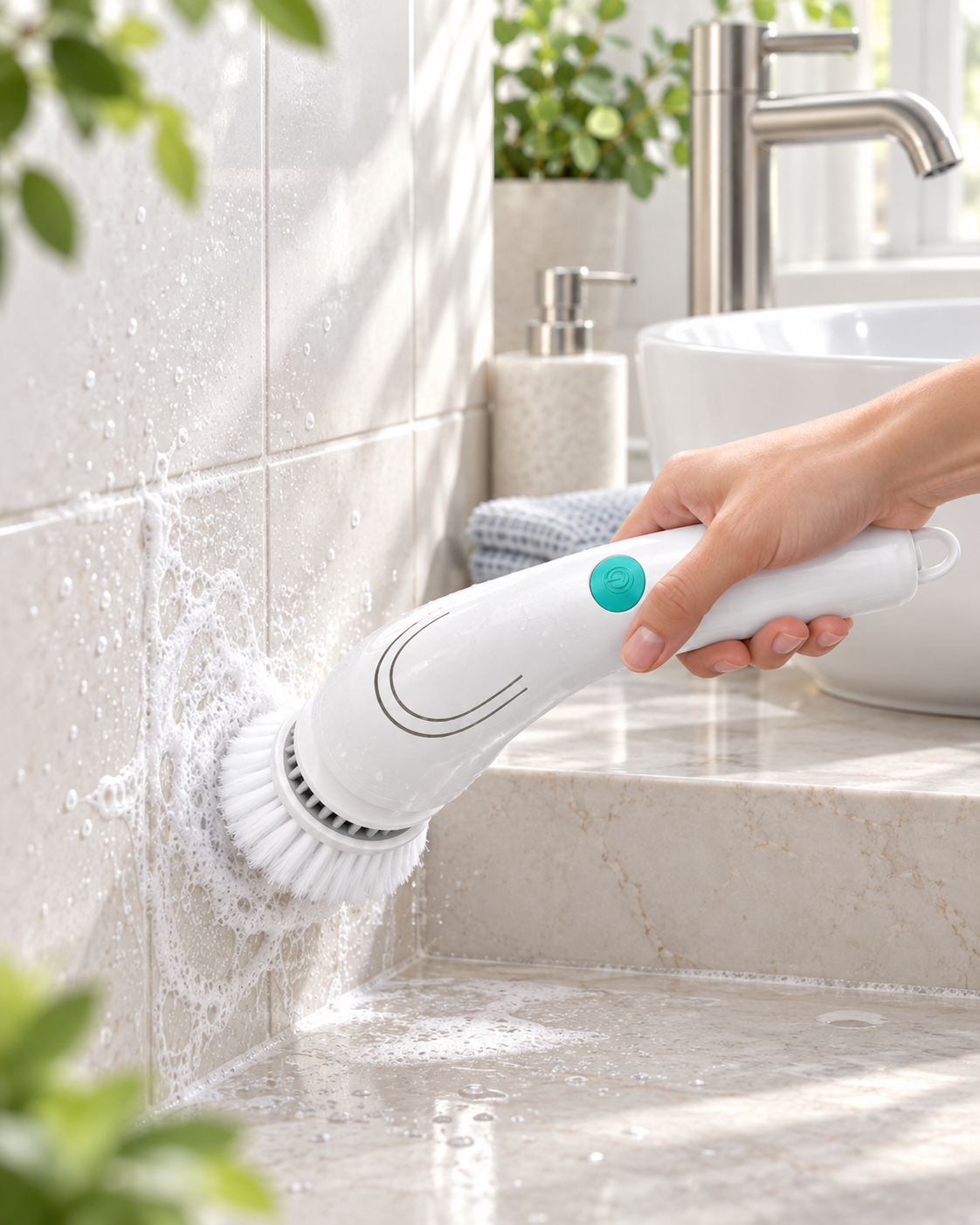 Daily Handy electric cleaning brush being used beside a bathroom basin