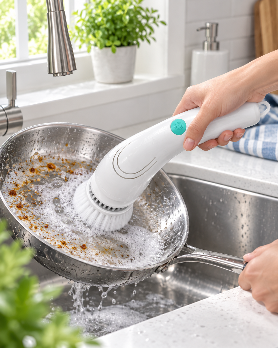 Daily Handy electric cleaning brush cleaning a pan in a kitchen sink